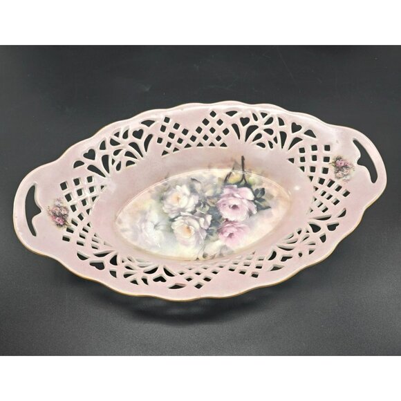 Vintage Porcelain Pink Oval Dish Reticulated Edges Floral Rose Design JJ3903 - Picture 4 of 8